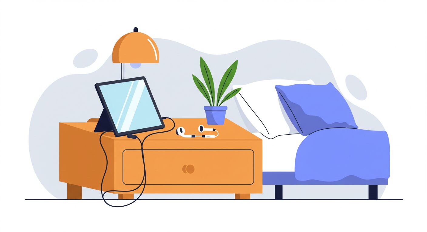 ベッドサイドに置かれたタブレットとイヤホン