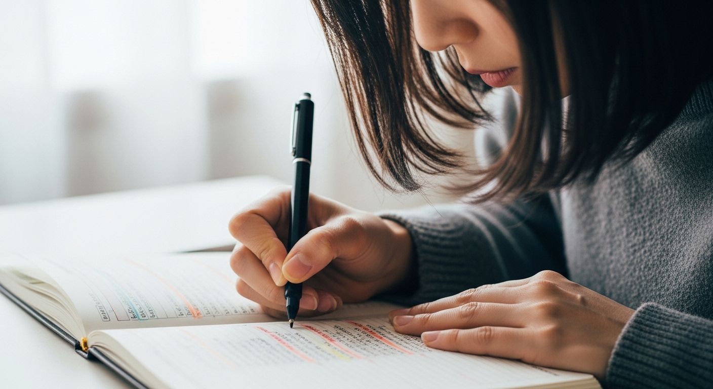 手帳に書き込む人の手元