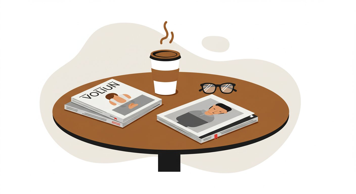 コーヒーテーブルの上の雑誌と眼鏡