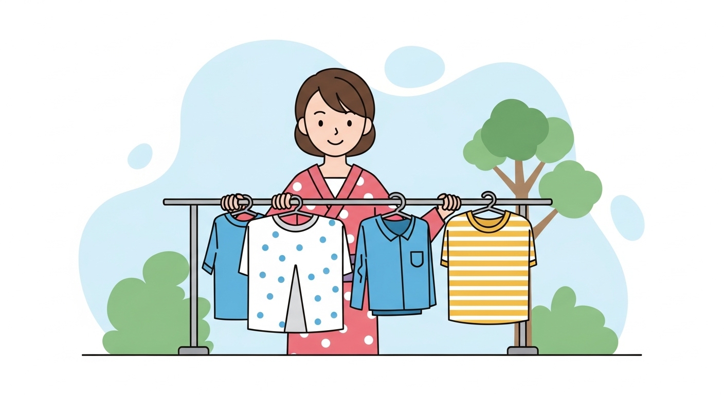 ベランダで洗濯物を干す主婦