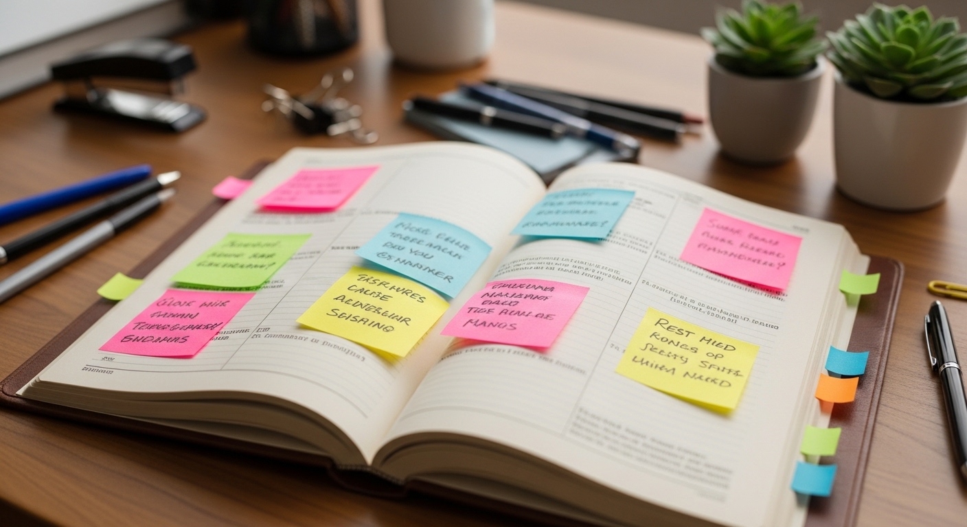 開かれたビジネス手帳と付箋