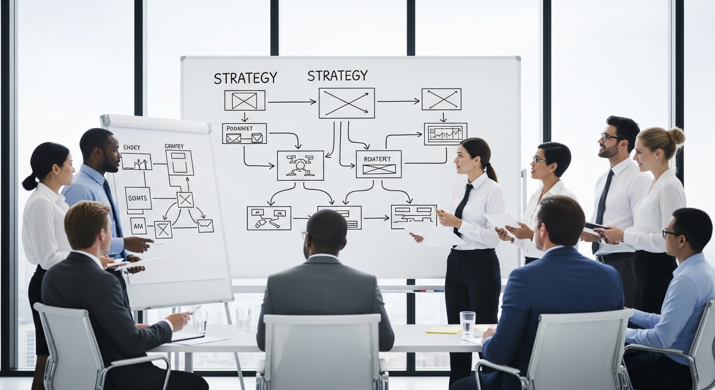 戦略図が書かれたホワイトボード